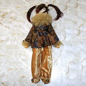 ARTISAN Mardi Gras Doll Gold Velvet Folk Art Holiday Decor Collectible Handmade